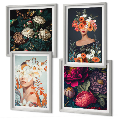 Set de 4 cuadros para salón Retratos florales, ramos de hojas