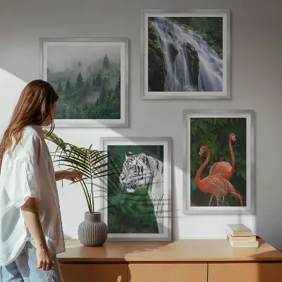 Set de cuadros modernos para salón de cascada con naturaleza y flamencos