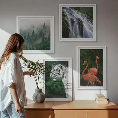 Set de cuadros modernos para salón de cascada con naturaleza y flamencos