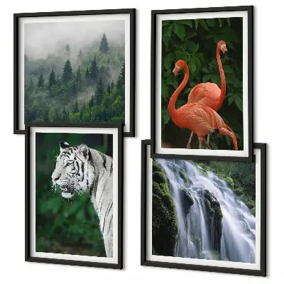 Set de cuadros modernos para salón de cascada con naturaleza y flamencos