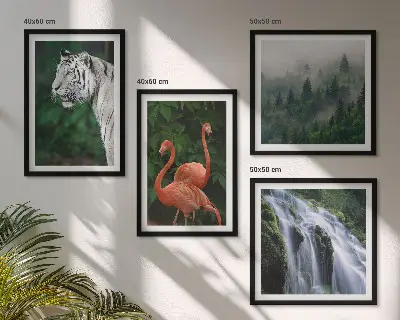 Set de cuadros modernos para salón de cascada con naturaleza y flamencos