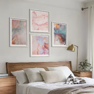 Set de 4 cuadros para salón con patrones abstractos en tonos pastel