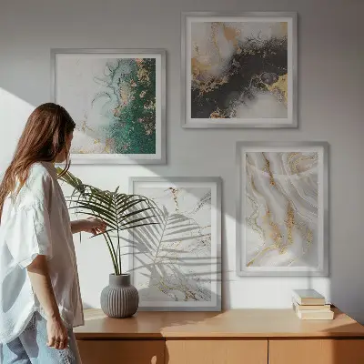 Galería de pared con patrones abstractos en blanco, negro y verde