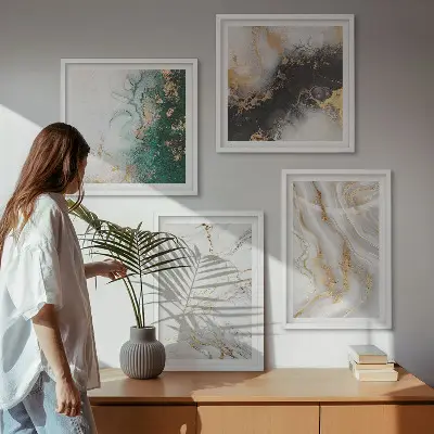 Galería de pared con patrones abstractos en blanco, negro y verde