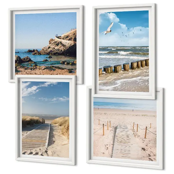 Galería de pared con diseño de playa, arena, olas, cielo y pájaros
