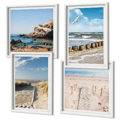 Galería de pared con diseño de playa, arena, olas, cielo y pájaros