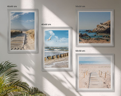 Galería de pared Playa, arena, olas, cielo, pájaros