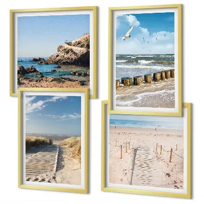 Galería de pared con diseño de playa, arena, olas, cielo y pájaros