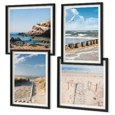 Galería de pared con diseño de playa, arena, olas, cielo y pájaros