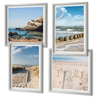Galería de pared con diseño de playa, arena, olas, cielo y pájaros