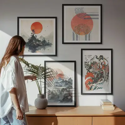 Set de cuadros modernos para salón diseño de paisajes asiáticos estilo japandi