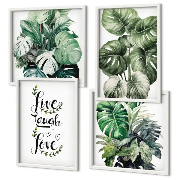 Set de cuadros modernos para salón con diseño de plantas de hojas verdes con frase vive ríe y ama