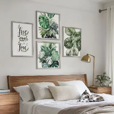 Set de cuadros modernos para salón con diseño de plantas de hojas verdes con frase vive ríe y ama