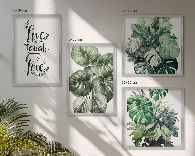 Set de cuadros modernos para salón con diseño de plantas de hojas verdes con frase vive ríe y ama
