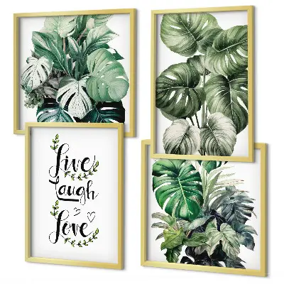 Set de cuadros modernos para salón con diseño de plantas de hojas verdes con frase vive ríe y ama