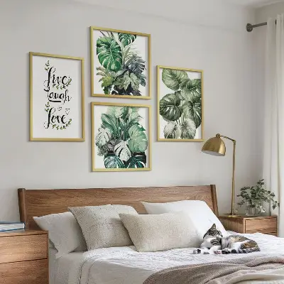 Set de cuadros modernos para salón con diseño de plantas de hojas verdes con frase vive ríe y ama