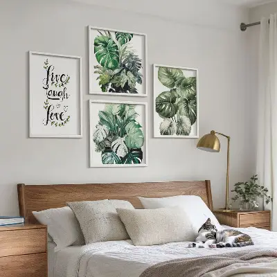 Set de cuadros modernos para salón con diseño de plantas de hojas verdes con frase vive ríe y ama