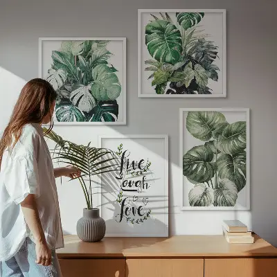 Set de cuadros modernos para salón con diseño de plantas de hojas verdes con frase vive ríe y ama