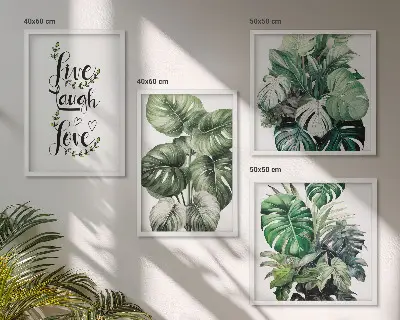 Set de cuadros modernos para salón con diseño de plantas de hojas verdes con frase vive ríe y ama