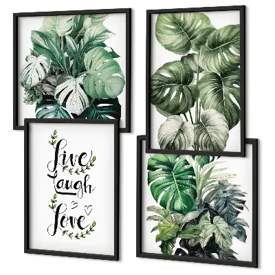 Set de cuadros modernos para salón con diseño de plantas de hojas verdes con frase vive ríe y ama