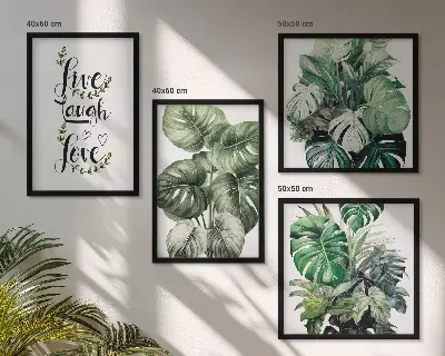 Set de cuadros modernos para salón con diseño de plantas de hojas verdes con frase vive ríe y ama
