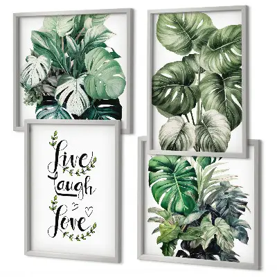 Set de cuadros modernos para salón con diseño de plantas de hojas verdes con frase vive ríe y ama