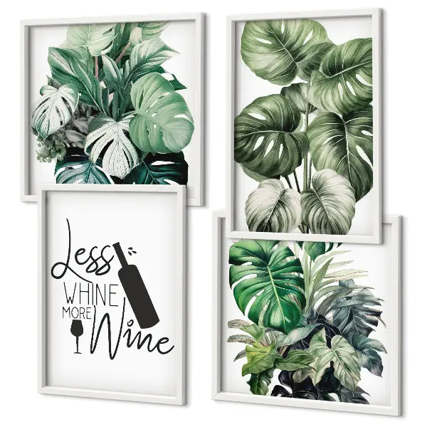 Set de 4 cuadros para salón con diseño de hojas de planta de vino verde