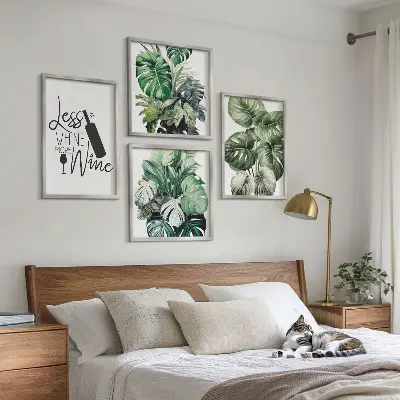 Set de 4 cuadros para salón con diseño de hojas de planta de vino verde