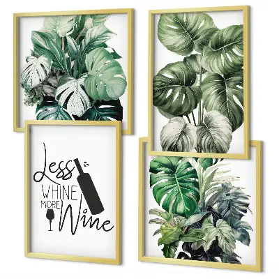 Set de 4 cuadros para salón con diseño de hojas de planta de vino verde