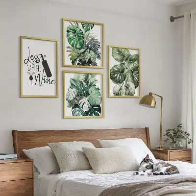 Set de 4 cuadros para salón con diseño de hojas de planta de vino verde