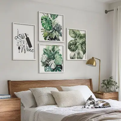 Set de 4 cuadros para salón con diseño de hojas de planta de vino verde