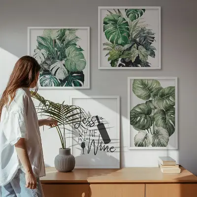 Set de 4 cuadros para salón con diseño de hojas de planta de vino verde