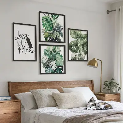 Set de 4 cuadros para salón con diseño de hojas de planta de vino verde
