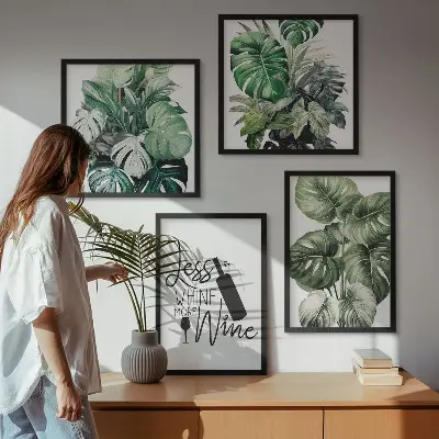 Set de 4 cuadros para salón con diseño de hojas de planta de vino verde