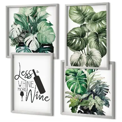 Set de 4 cuadros para salón con diseño de hojas de planta de vino verde