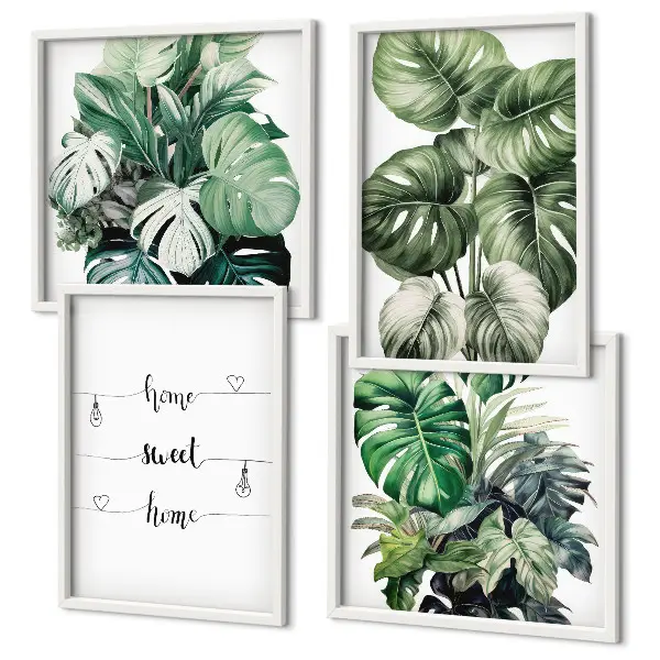 Set de 4 cuadros de hojas de monstera en acuarela decoración para salón