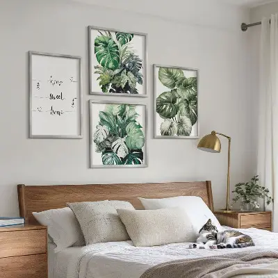 Set de 4 cuadros de hojas de monstera en acuarela decoración para salón