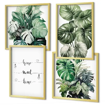 Set de 4 cuadros de hojas de monstera en acuarela decoración para salón
