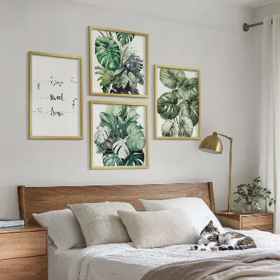 Set de 4 cuadros de hojas de monstera en acuarela decoración para salón