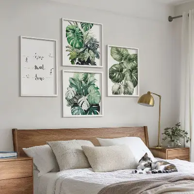 Set de 4 cuadros de hojas de monstera en acuarela decoración para salón