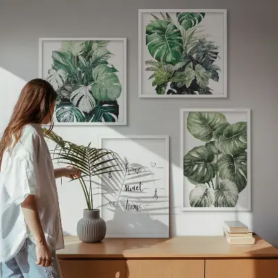 Set de 4 cuadros de hojas de monstera en acuarela decoración para salón