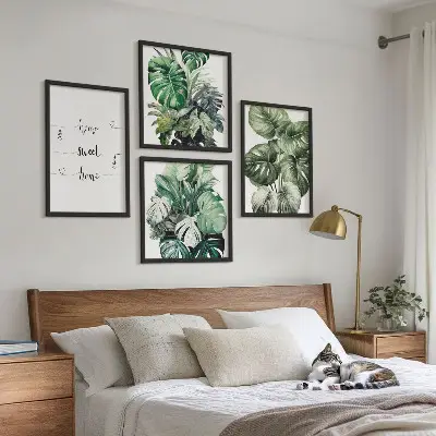 Set de 4 cuadros de hojas de monstera en acuarela decoración para salón