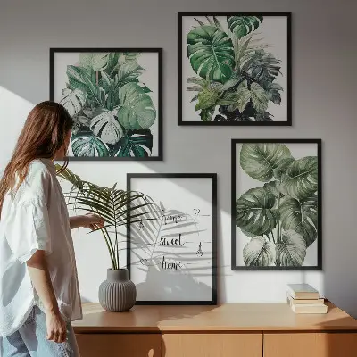 Set de 4 cuadros de hojas de monstera en acuarela decoración para salón