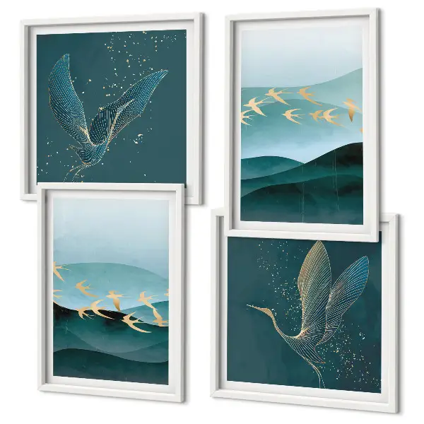 Galería de pared con paisajes abstractos de olas y pájaros