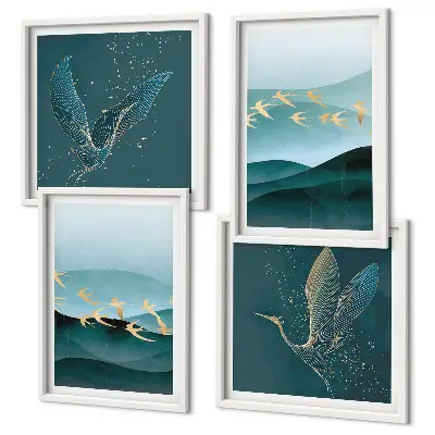 Galería de pared con paisajes abstractos de olas y pájaros