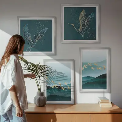 Galería de pared con paisajes abstractos de olas y pájaros