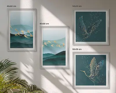 Galería de pared con paisajes abstractos de olas y pájaros