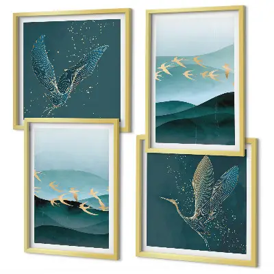 Galería de pared con paisajes abstractos de olas y pájaros