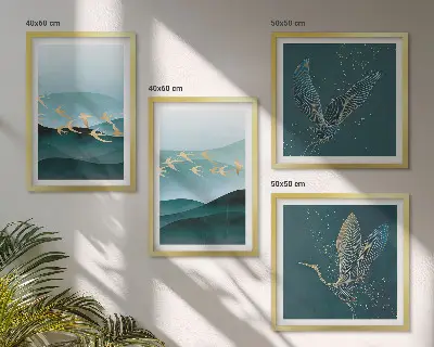 Galería de pared con paisajes abstractos de olas y pájaros