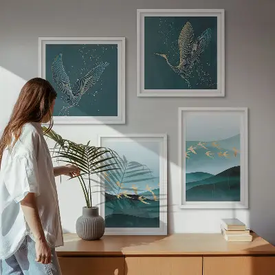 Galería de pared con paisajes abstractos de olas y pájaros
